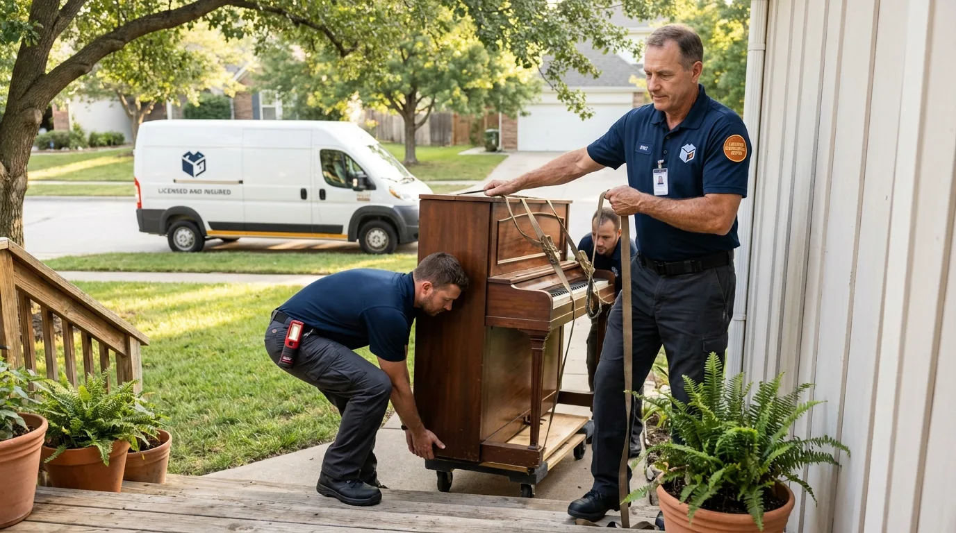 Licensed piano movers securing grand piano in Holden, MO